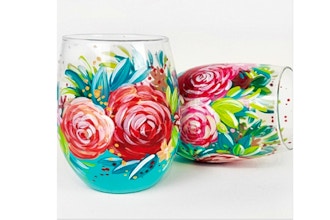 Paint Nite: Teal Stemless Wine Glasses with Roses